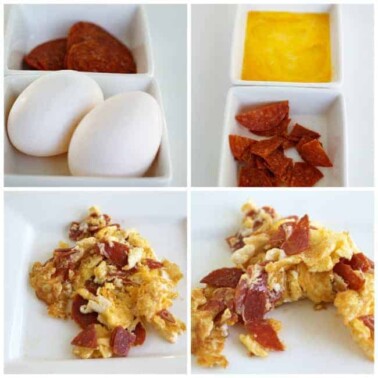 Pictures of raw and cooked pepperoni and eggs.
