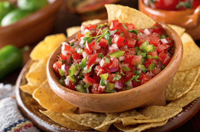 A close up of a bowl of Salsa with a plate of chips around it.