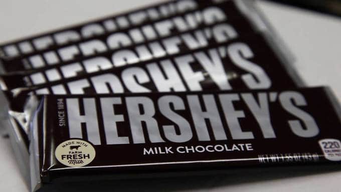 A close up of a Hershey Milk Chocolate bars.