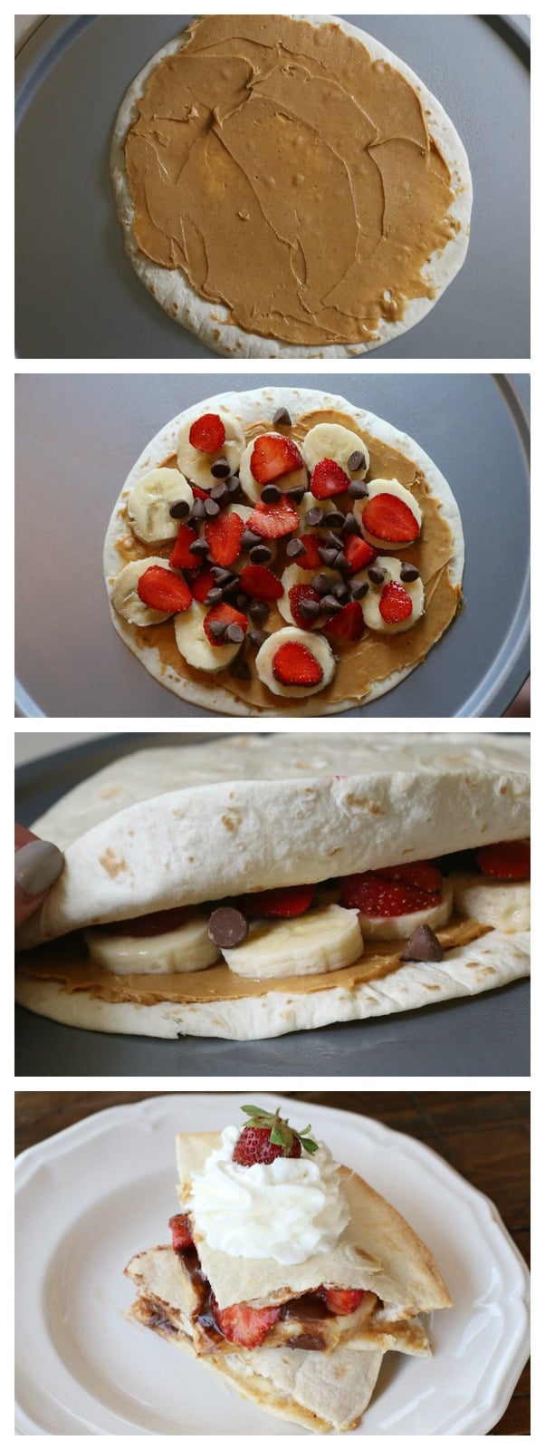 Four pictures of how to make a banana split quesadilla.