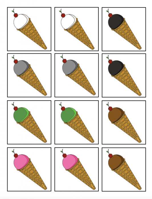 A number of ice cream cone pictures on white paper.
