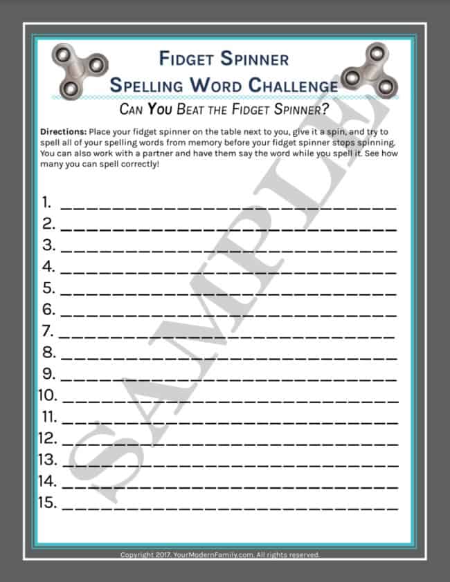 spelling words worksheet with fidget spinner 