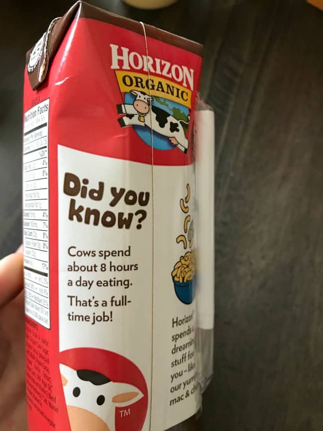A close up of a carton of Horizon Organic milk.
