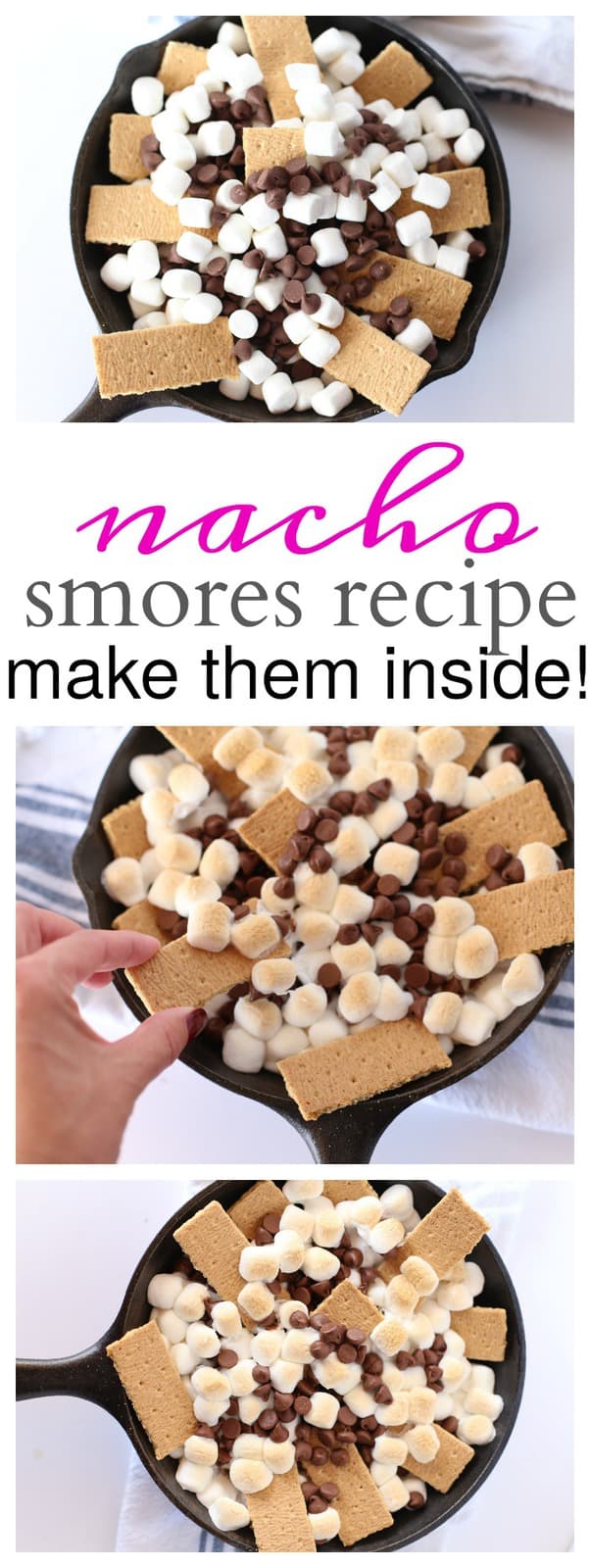 A pan of graham crackers, marshmallows and chocolate chips with a text above it.