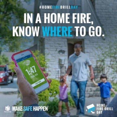 A person holding a phone as a man and two children walk out of the house with text above them.