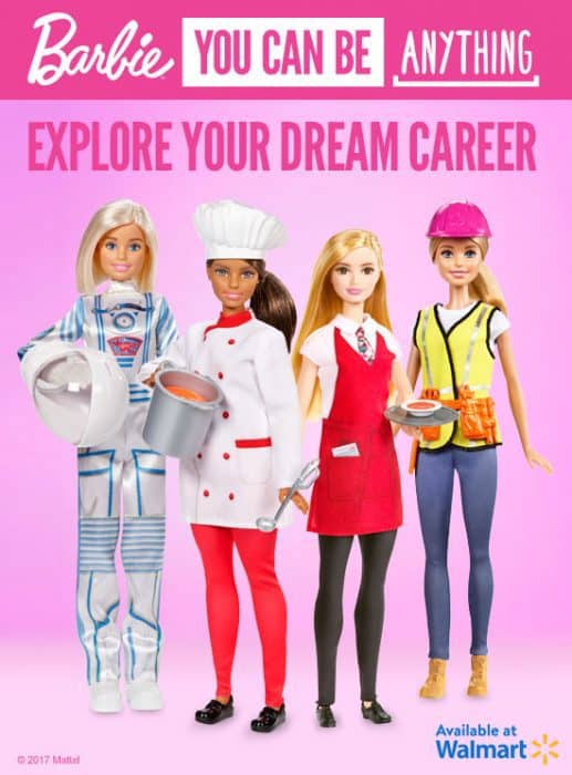 Four Barbie Dolls standing with text above them.
