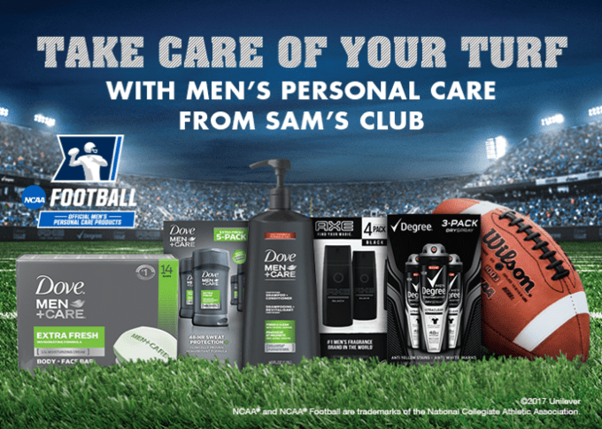 A Sam\'s Club ad for men\'s personal care items sitting on a football field.