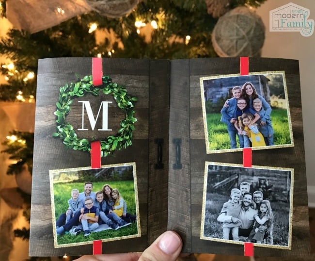 A card opened to show photos of a family.