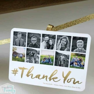 A thank you card with a variety of family pictures on it.