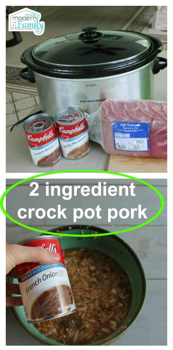 Split screen with cans of soup and a package of pork and then a person pouring soup into a pan with text between them.
