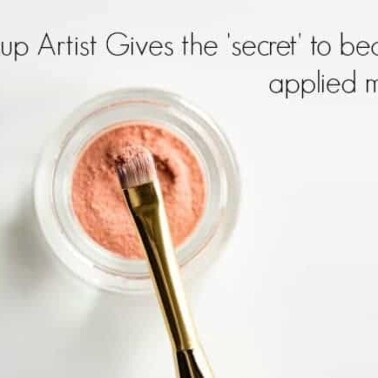 Powdered make up in a glass jar with a make up brush resting on it with a text above it.