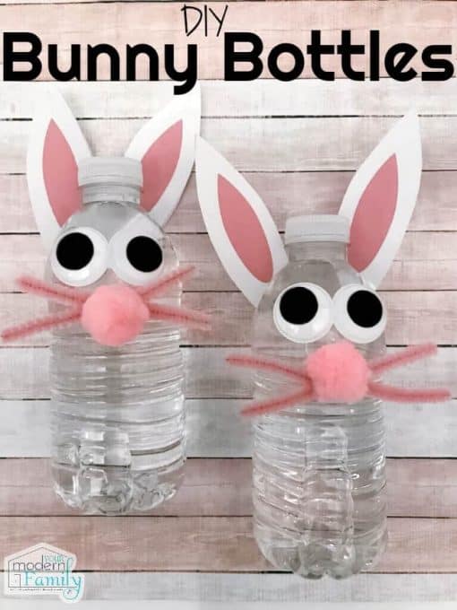 Water bottles decorated to look like bunnies with ears, whiskers and eyes.