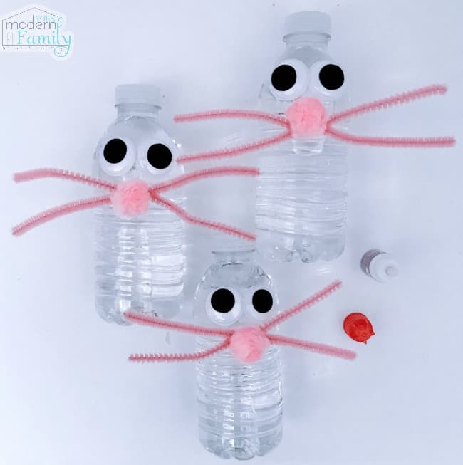 Three water bottles with bunny whiskers and black eyes glue to them.