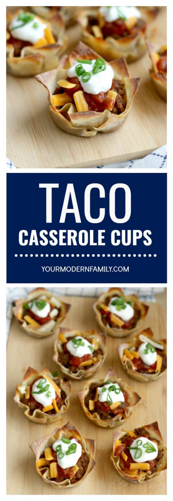 Two photos of Taco Casserole Cups with text between them.