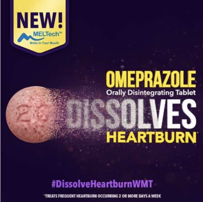 A close up of a box of Omeprazole Dissolves Heartburn tablets.