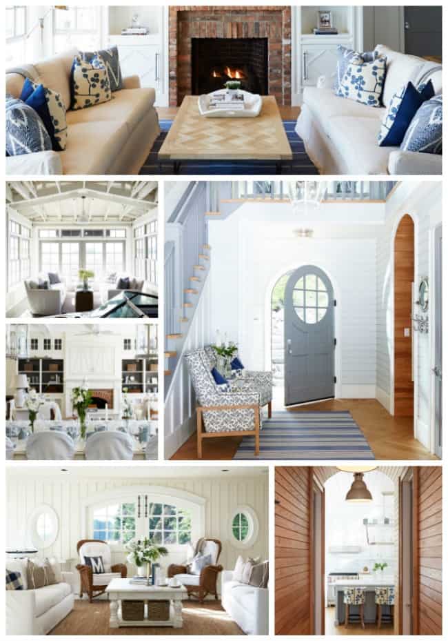 A collage of pictures of coastal themed rooms.