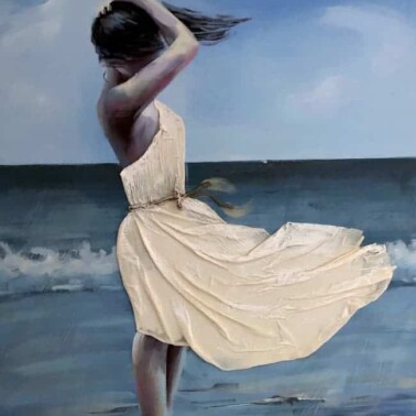 A painting of a lady standing on the beach with the breeze blowing her hair and dress.