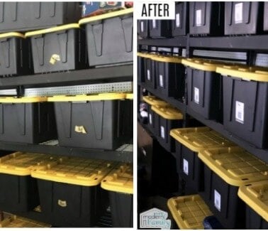 A split screen of numerous large black plastic containers on shelves, one side is unorganized, the other is organized.