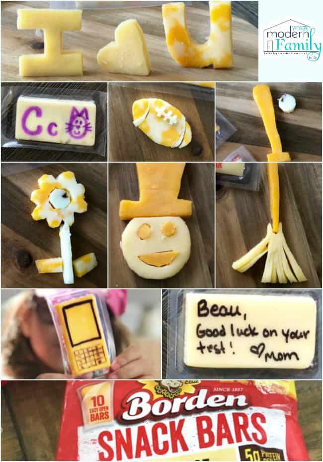 A collage of cheese cut into different shapes and designs sitting on a table.
