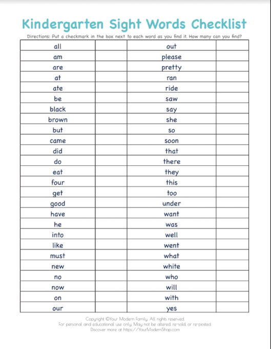 Kindergarten Sight Words (printable list)