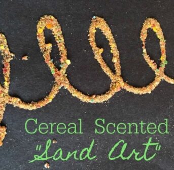 Crushed cereal shaped into a looped rope design on a black table with text under it.