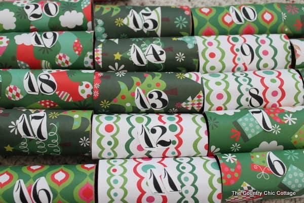 A Christmas Advent Calendar made with decorated rolls.