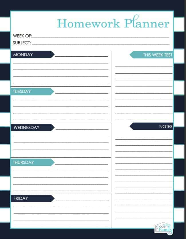 Homework planning sheet for kids