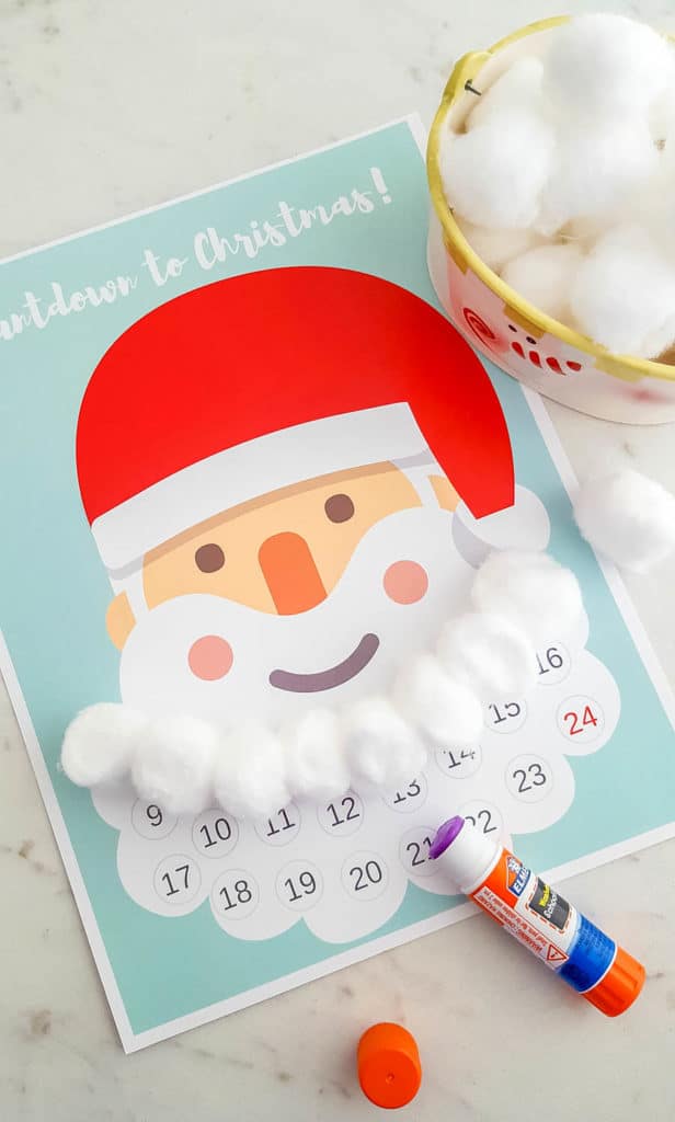 A Santa project with numbers and cotton balls on his beard.