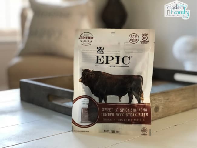 A bag of Epic with a bull pictured on the front of it with text.