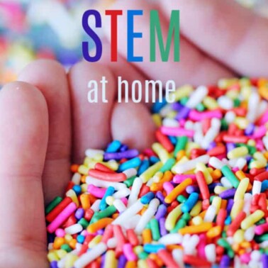 Text with a hand holding colorful sprinkles.