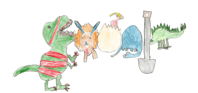 A child\'s drawing of dinosaurs.