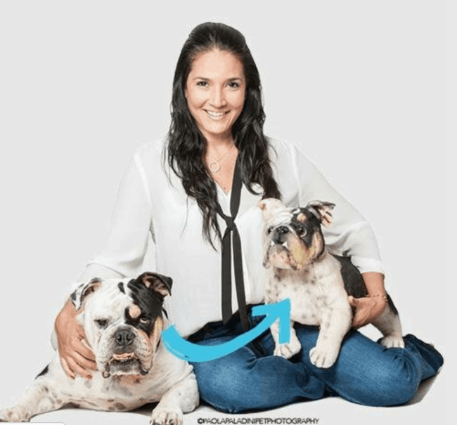 A woman holding two dogs posing for the camera