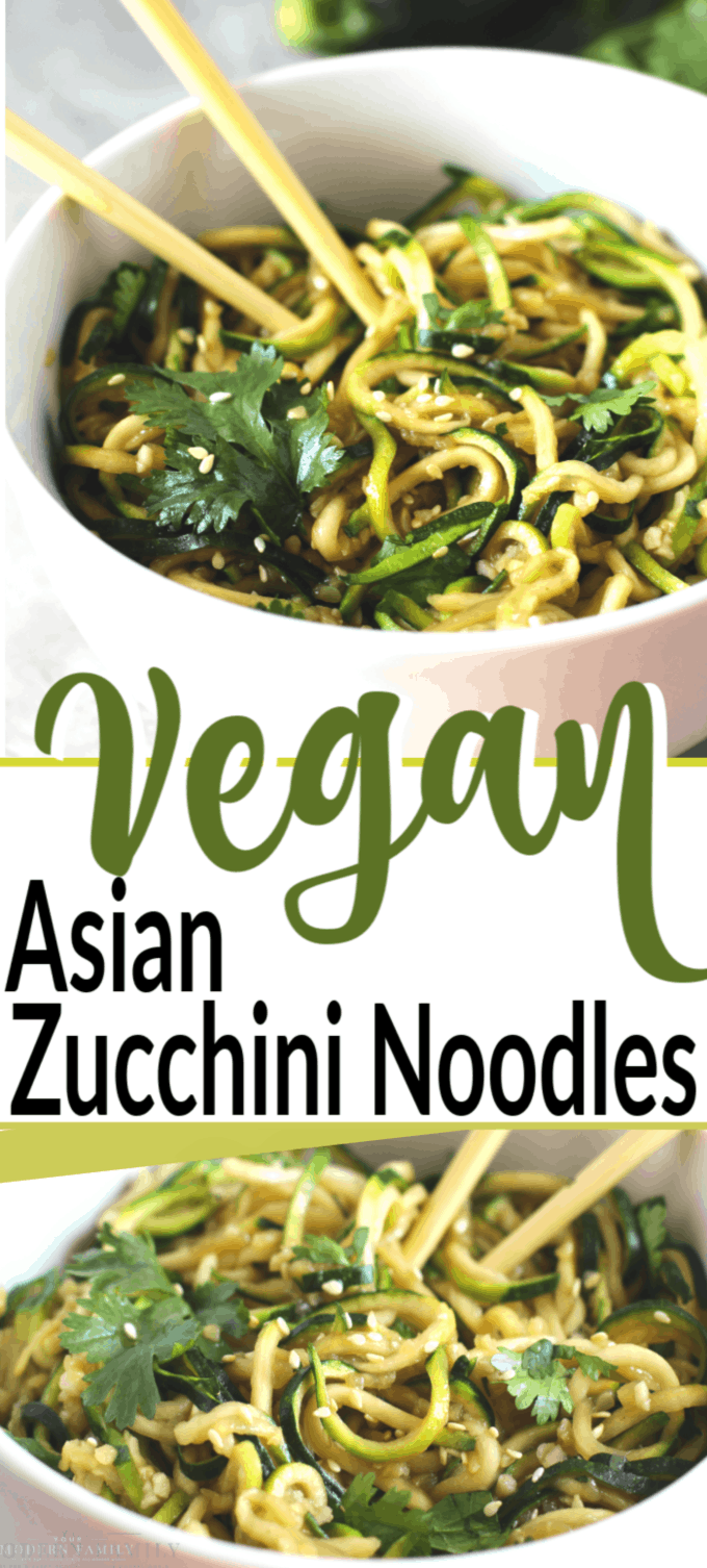 A bowl of Asian zucchini noodles in a white bowl with text in front of it.