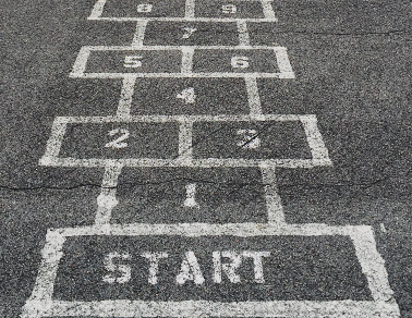 A hopscotch course painted on blacktop.