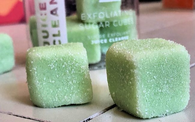 A close up of cubes of exfoliating products. 