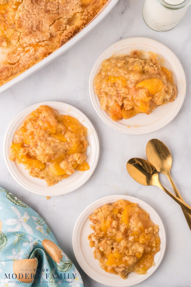 A bowl filled with different types of food on a plate, with Cobbler and Peach