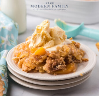 A tray of food on a plate, with Cobbler and Peach