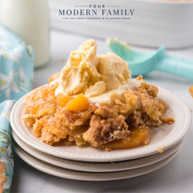 A tray of food on a plate, with Cobbler and Peach