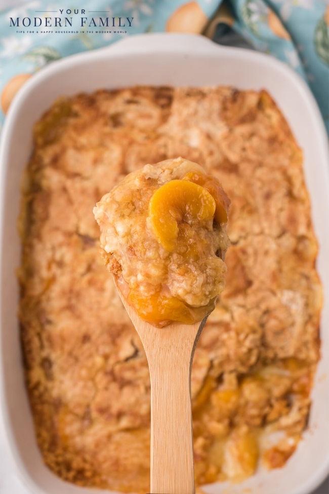 A plate of food, with Cobbler and Peach