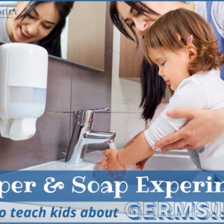 Adult teaching child the correct way to wash hands.