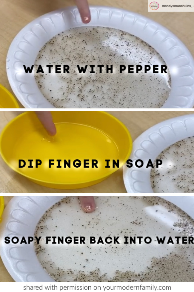 teaching kids about handwashing with pepper & soap experiment