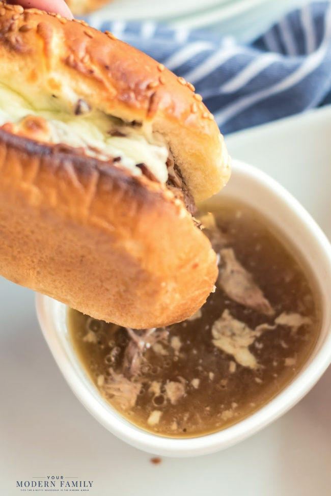 French Dip Sandwiches dipped in Broth