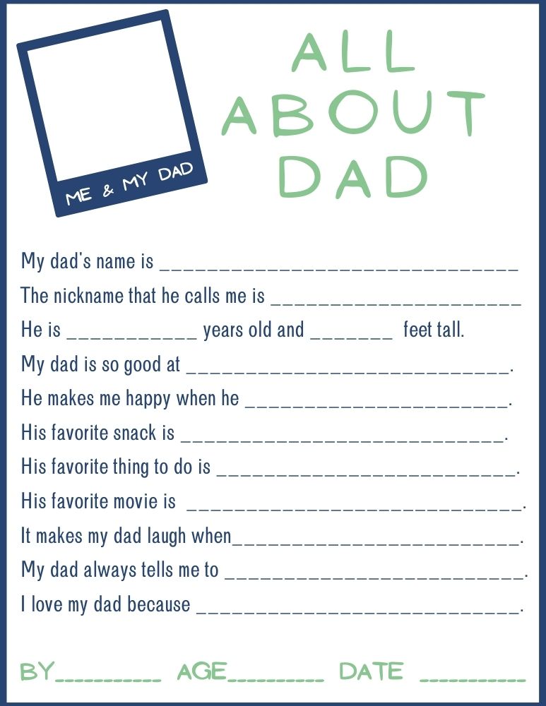 All About Dad Father's Day Gift Printable Fill in the Blanks Kids